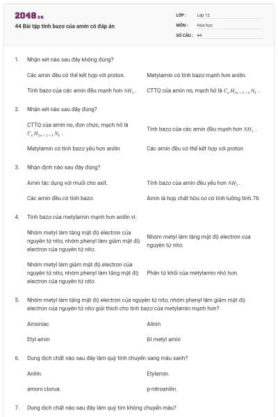 44 Bài tập tính bazơ của amin có đáp án