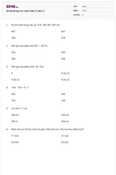 20 Đề thi học kì I môn Toán 3 ( Đề 3 )