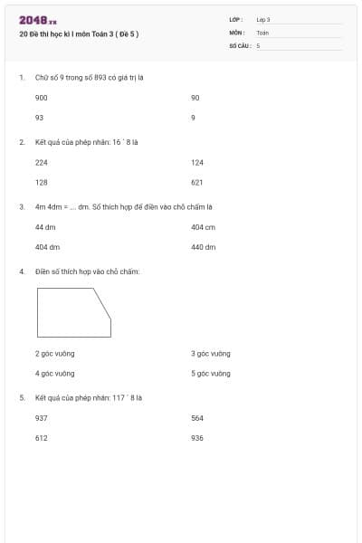 20 Đề thi học kì I môn Toán 3 ( Đề 5 )