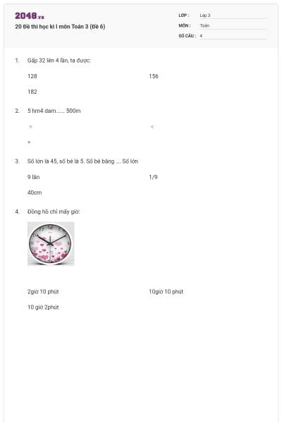 20 Đề thi học kì I môn Toán 3 (Đề 6)