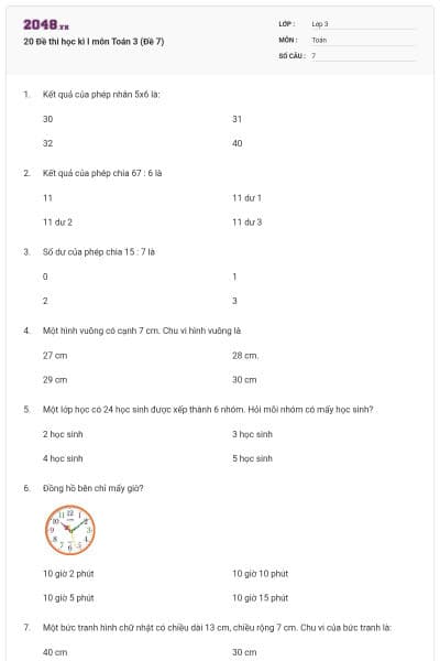 20 Đề thi học kì I môn Toán 3 (Đề 7)