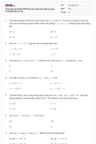 Tổng hợp đề thi thử THPTQG môn Toán mới nhất cực hay có lời giải (Đề số 15)