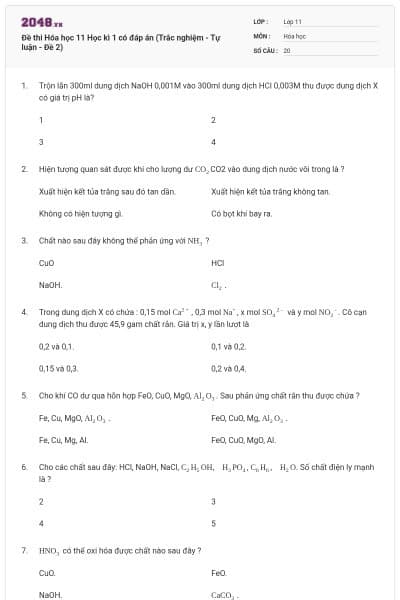 Đề thi Hóa học 11 Học kì 1 có đáp án (Trắc nghiệm - Tự luận - Đề 2)