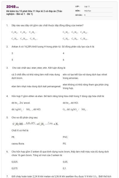 Đề kiểm tra 15 phút Hóa 11 Học kì 2 có đáp án (Trắc nghiệm - Bài số 1 - Đề 1)