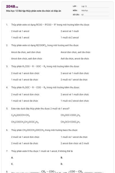 Hóa học 12 Bài tập thủy phân este đa chức có đáp án