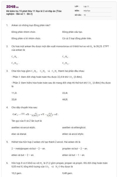 Đề kiểm tra 15 phút Hóa 11 Học kì 2 có đáp án (Trắc nghiệm - Bài số 1 - Đề 2)