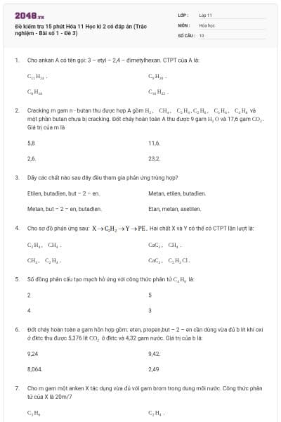 Đề kiểm tra 15 phút Hóa 11 Học kì 2 có đáp án (Trắc nghiệm - Bài số 1 - Đề 3)