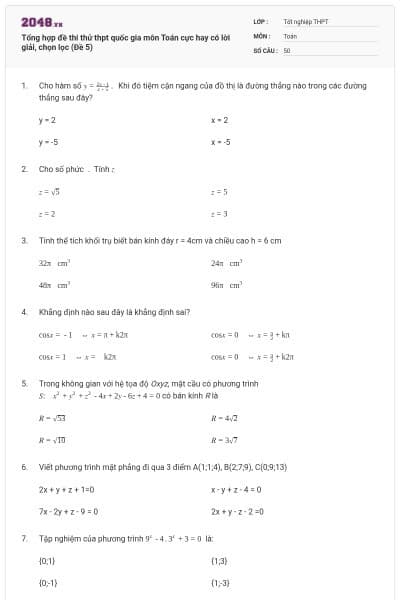 Tổng hợp đề thi thử thpt quốc gia môn Toán cực hay có lời giải, chọn lọc (Đề 5)