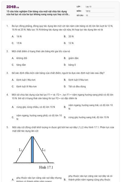 15 câu trắc nghiệm Cân bằng của một vật chịu tác dụng của hai lực và của ba lực không song song cực hay có đáp án