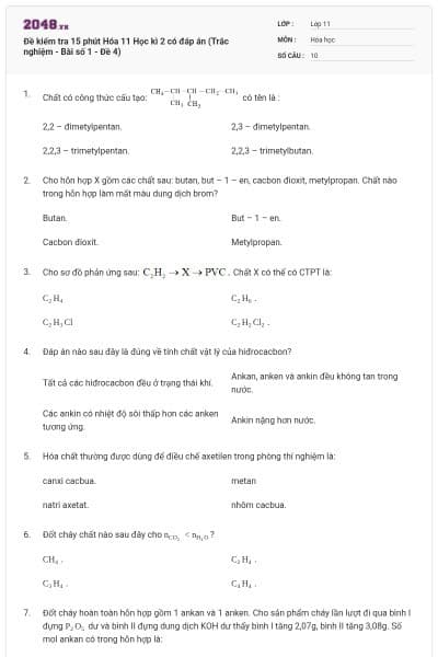 Đề kiểm tra 15 phút Hóa 11 Học kì 2 có đáp án (Trắc nghiệm - Bài số 1 - Đề 4)