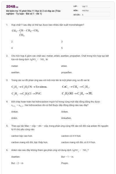 Đề kiểm tra 15 phút Hóa 11 Học kì 2 có đáp án (Trắc nghiệm - Tự luận - Bài số 1 - Đề 1)