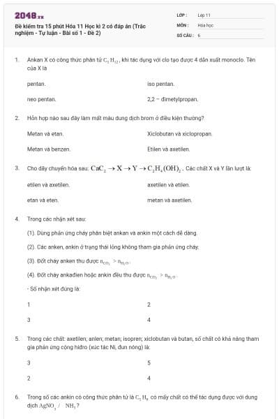 Đề kiểm tra 15 phút Hóa 11 Học kì 2 có đáp án (Trắc nghiệm - Tự luận - Bài số 1 - Đề 2)