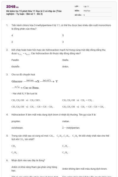 Đề kiểm tra 15 phút Hóa 11 Học kì 2 có đáp án (Trắc nghiệm - Tự luận - Bài số 1 - Đề 3)
