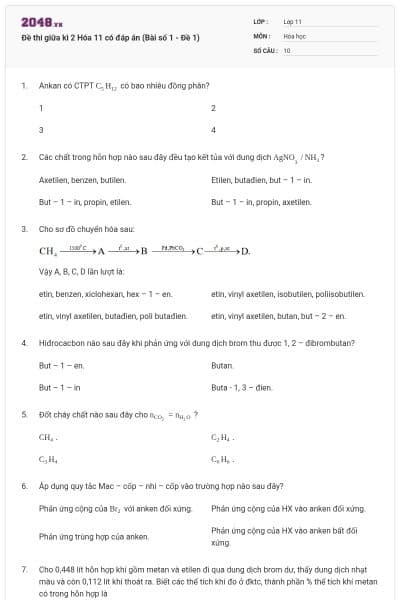 Đề thi giữa kì 2 Hóa 11 có đáp án (Bài số 1 - Đề 1)