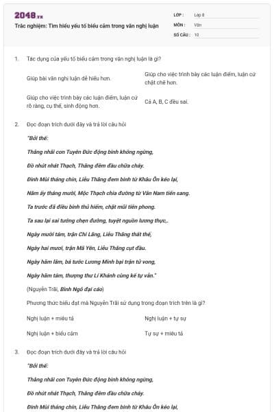 Trắc nghiệm: Tìm hiểu yếu tố biểu cảm trong văn nghị luận