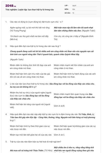 Trắc nghiệm: Luyện tập: lựa chọn trật tự từ trong câu