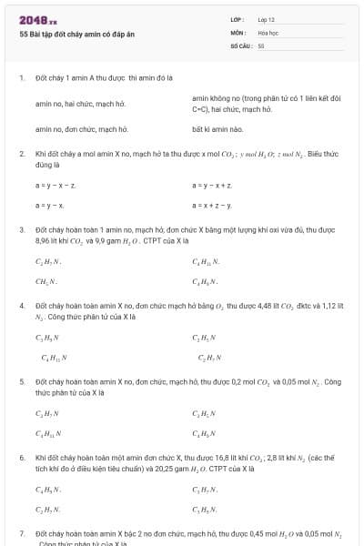 55 Bài tập đốt cháy amin có đáp án