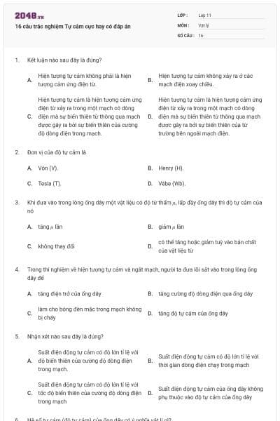 16 câu trắc nghiệm Tự cảm cực hay có đáp án