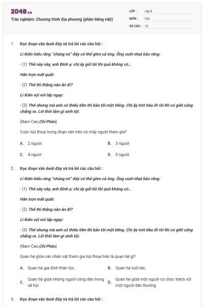 Trắc nghiệm: Chương trình địa phương (phần tiếng việt)