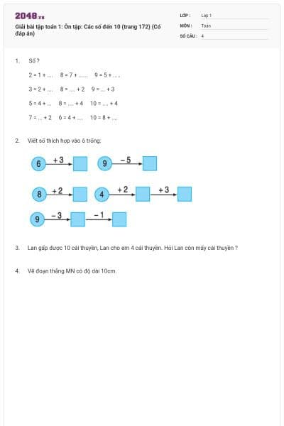 Giải bài tập toán 1: Ôn tập: Các số đến 10 (trang 172) (Có đáp án)