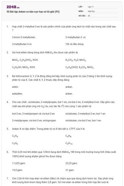 50 Bài tập Anken cơ bản cực hay có lời giải (P2)