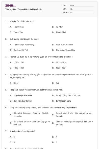 Trắc nghiệm: Truyện Kiều của Nguyễn Du