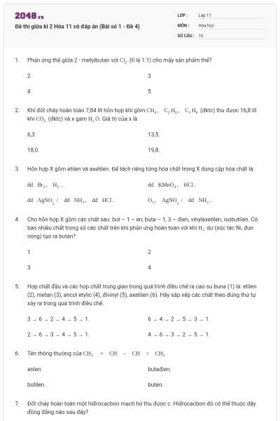 Đề thi giữa kì 2 Hóa 11 có đáp án (Bài số 1 - Đề 4)