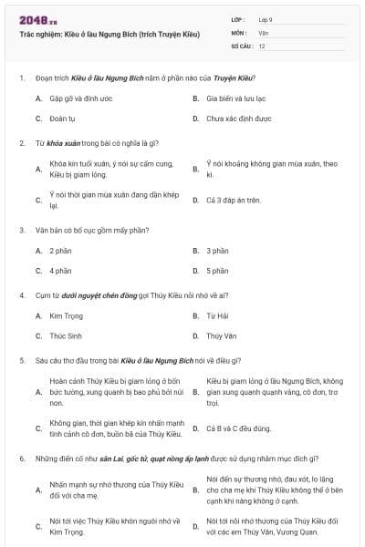 Trắc nghiệm: Kiều ở lầu Ngưng Bích (trích Truyện Kiều)