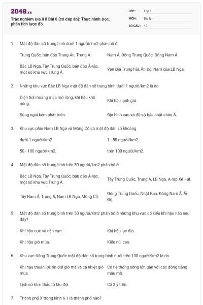 Trắc nghiệm Địa lí 8 Bài 6 (có đáp án): Thực hành Đọc, phân tích lược đồ