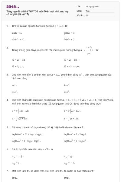 Tổng hợp đề thi thử THPTQG môn Toán mới nhất cực hay có lời giải (Đề số 17)