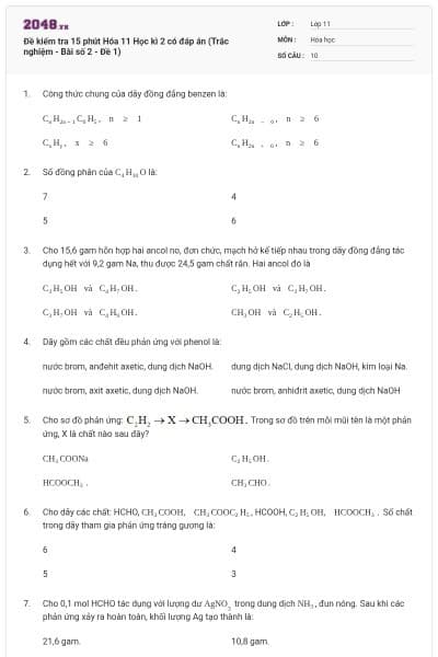 Đề kiểm tra 15 phút Hóa 11 Học kì 2 có đáp án (Trắc nghiệm - Bài số 2 - Đề 1)