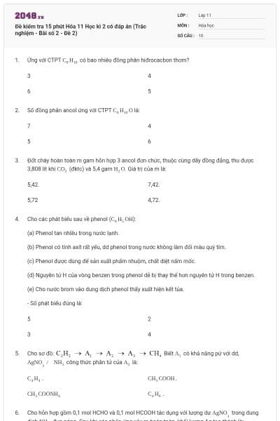 Đề kiểm tra 15 phút Hóa 11 Học kì 2 có đáp án (Trắc nghiệm - Bài số 2 - Đề 2)