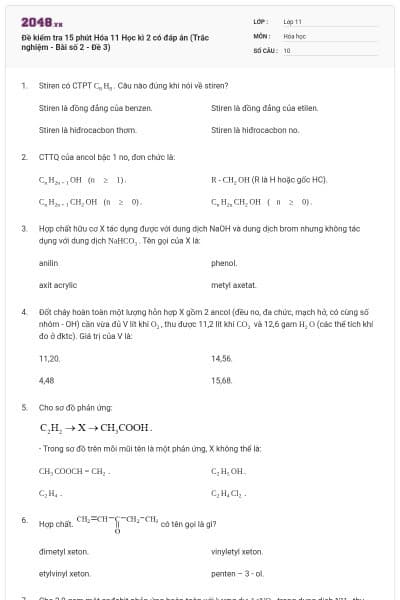 Đề kiểm tra 15 phút Hóa 11 Học kì 2 có đáp án (Trắc nghiệm - Bài số 2 - Đề 3)