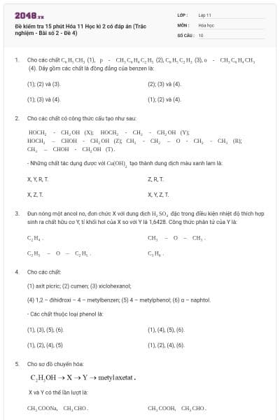 Đề kiểm tra 15 phút Hóa 11 Học kì 2 có đáp án (Trắc nghiệm - Bài số 2 - Đề 4)