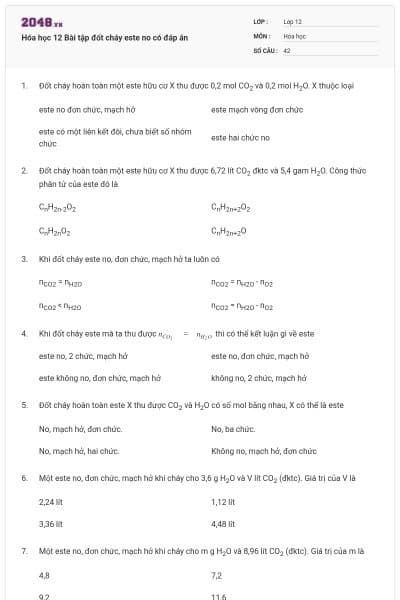 Hóa học 12 Bài tập đốt cháy este no có đáp án