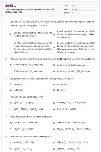 100 câu trắc nghiệm Kim loại kiềm, Kim loại kiềm thổ, Nhôm cơ bản (P2)