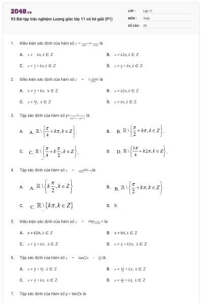 93 Bài tập trắc nghiệm Lượng giác lớp 11 có lời giải (P1)