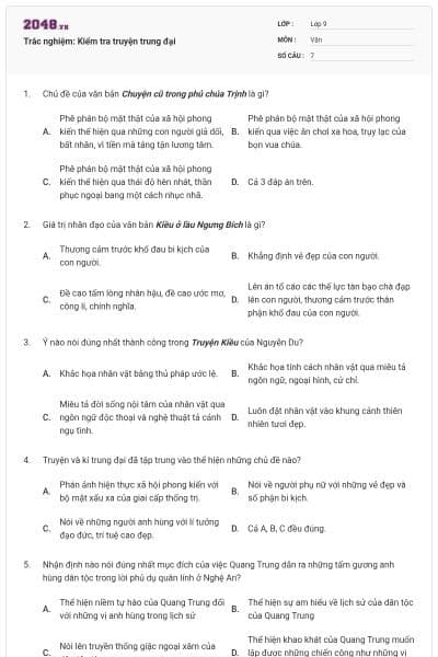 Trắc nghiệm: Kiểm tra truyện trung đại