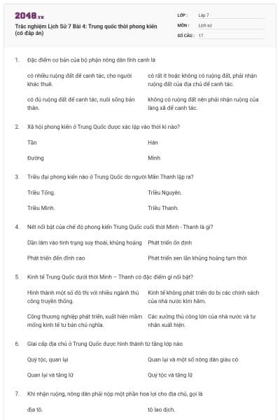 Trắc nghiệm Lịch Sử 7 Bài 4: Trung quốc thời phong kiến (có đáp án)