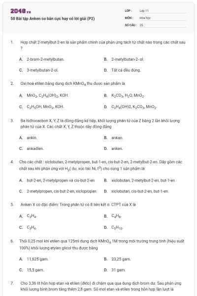 50 Bài tập Anken cơ bản cực hay có lời giải (P2)