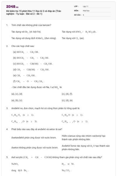 Đề kiểm tra 15 phút Hóa 11 Học kì 2 có đáp án (Trắc nghiệm - Tự luận - Bài số 2 - Đề 1)