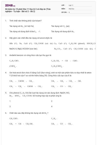 Đề kiểm tra 15 phút Hóa 11 Học kì 2 có đáp án (Trắc nghiệm - Tự luận - Bài số 2 - Đề 2)