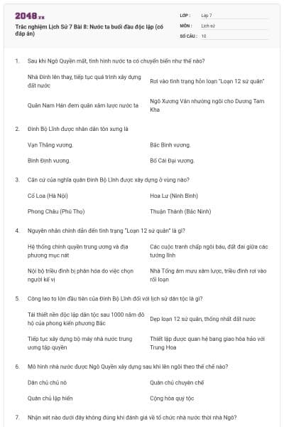 Trắc nghiệm Lịch Sử 7 Bài 8: Nước ta buổi đầu độc lập (có đáp án)