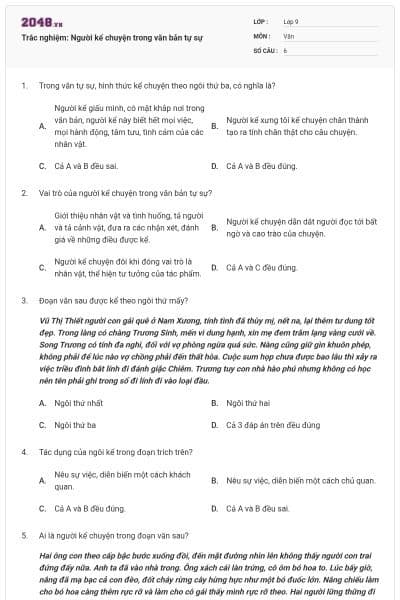 Trắc nghiệm: Người kể chuyện trong văn bản tự sự