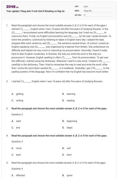 Trắc nghiệm Tiếng Anh 9 mới Unit 8 Reading có đáp án