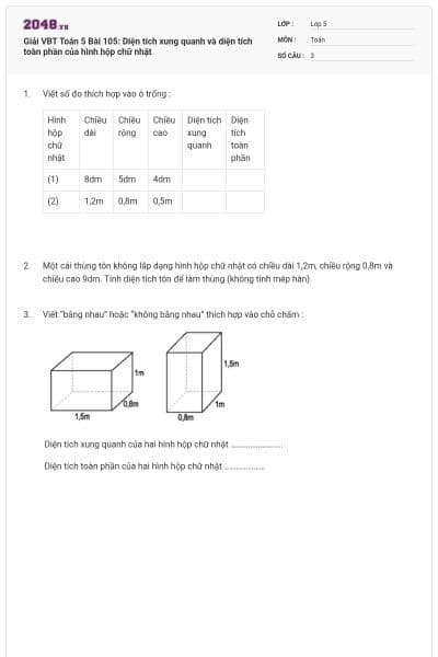 Giải VBT Toán 5 Bài 105: Diện tích xung quanh và diện tích toàn phần của hình hộp chữ nhật
