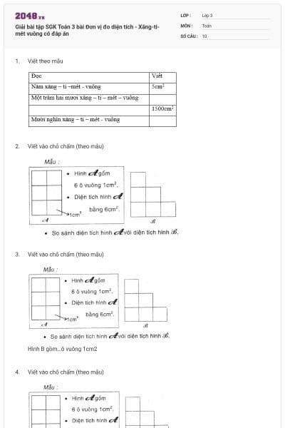 Giải bài tập SGK Toán 3 bài Đơn vị đo diện tích - Xăng-ti-mét vuông có đáp án