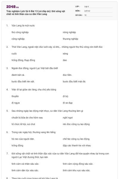 Trắc nghiệm Lịch Sử 6 Bài 13 (có đáp án): Đời sống vật chất và tinh thần của cư dân Văn Lang