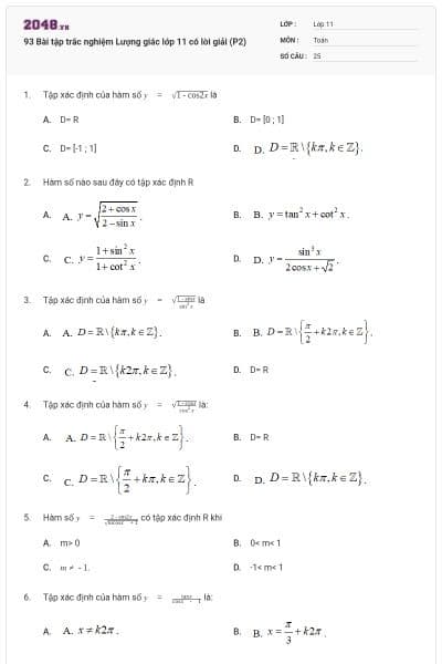 93 Bài tập trắc nghiệm Lượng giác lớp 11 có lời giải (P2)