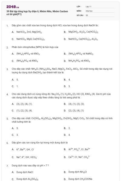 39 Bài tập tổng hợp Sự điện li, Nhóm Nito, Nhóm Cacbon có lời giải(P1)
